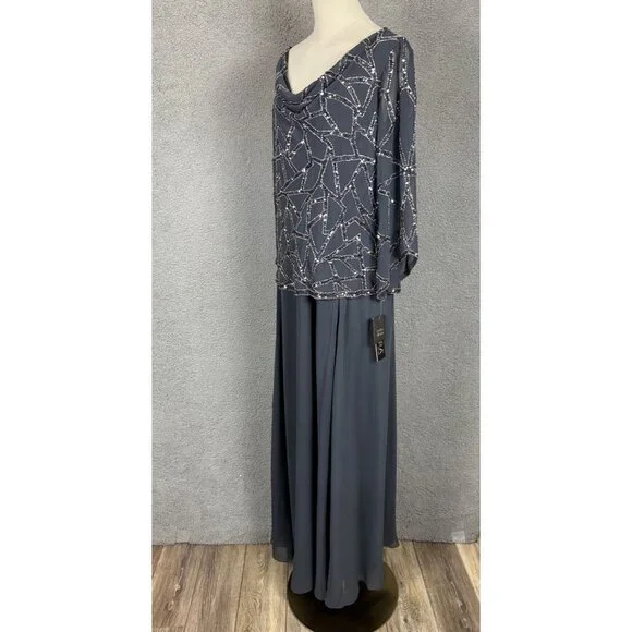 Jkara Women's Plus Size Grey Beaded Cowl Neck Gown With Sequin Overlay 14W NWT's - Picture 4 of 8